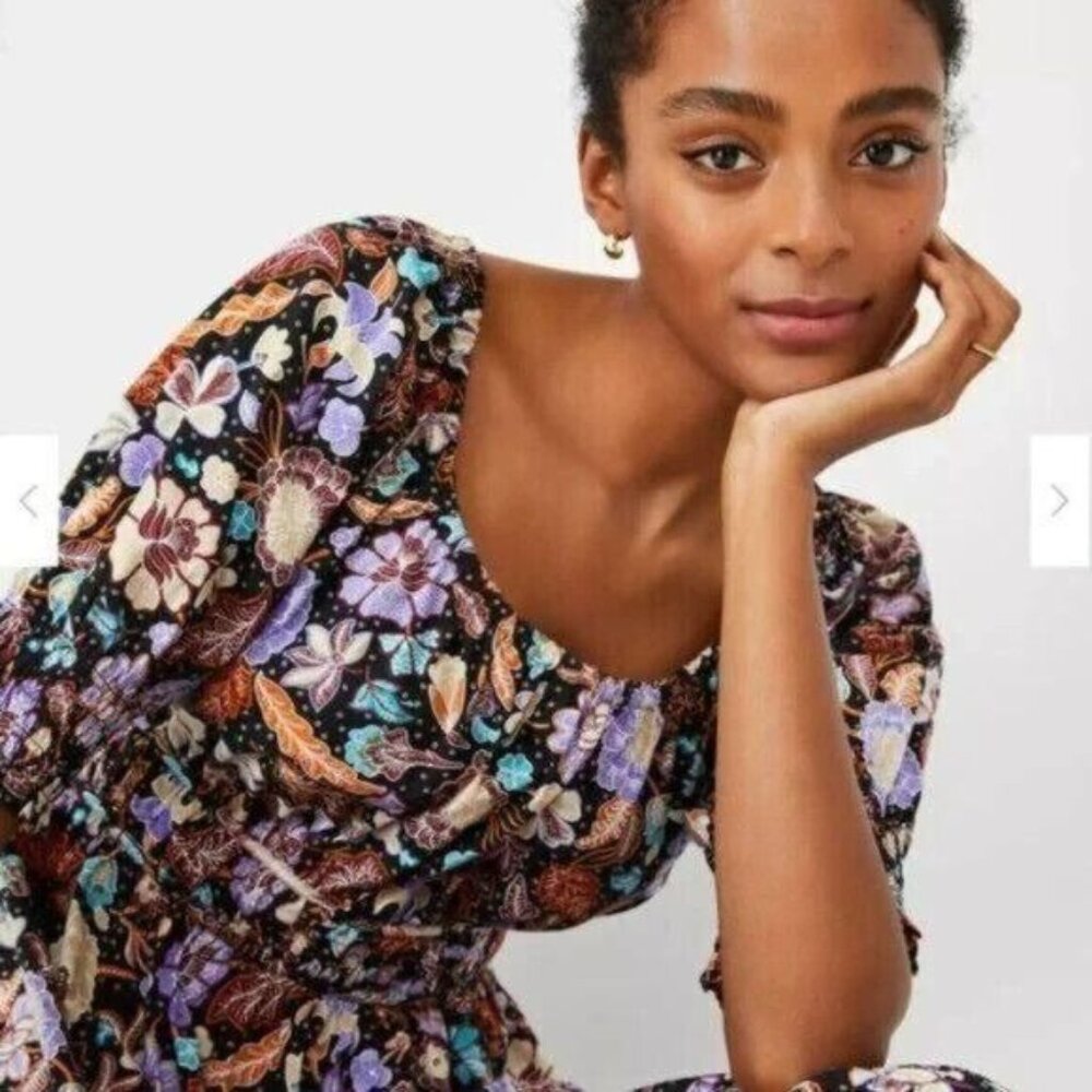 Ann Taylor Midi Dress 4 Floral Batik Puff Sleeve Tiered Flare - Picture 3 of 10